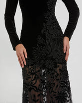 Black Long Sleeve Sheer Floral Embroidered Velvet Gown